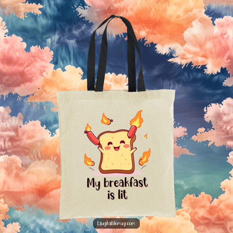 Funny tote bag: A slice of toast juggling flaming sausages, depicted with a determined look, perfect for market day fun.