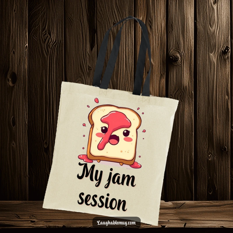 Funny tote bag showcasing a cute toast character with jam splattering everywhere in surprise, ideal for breakfast lovers.