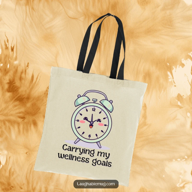 Funny tote bag featuring a beaming alarm clock in a yoga pose, ready to carry your essentials with peace.