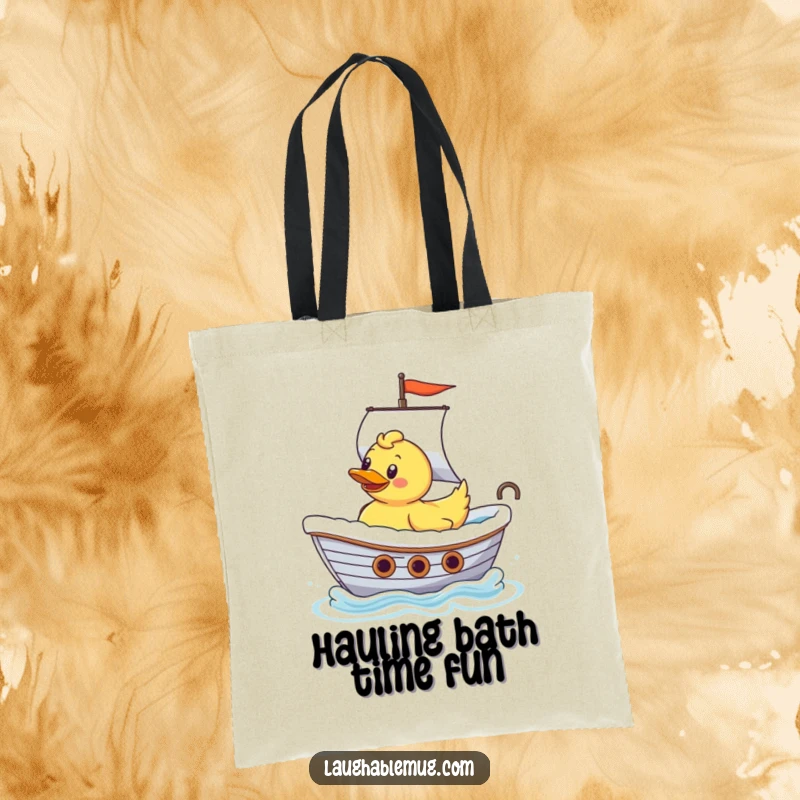 Funny Rubber Ducky Ship Captain Tote Bag: A reusable tote bag featuring a rubber ducky sailing a bathtub like a majestic ship, perfect for carrying items.