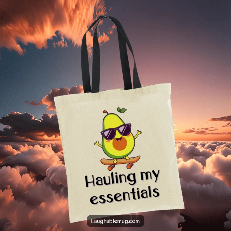 Funny tote bag with a happy avocado character on a skateboard, wearing sunglasses, symbolizing cool street style and fun.