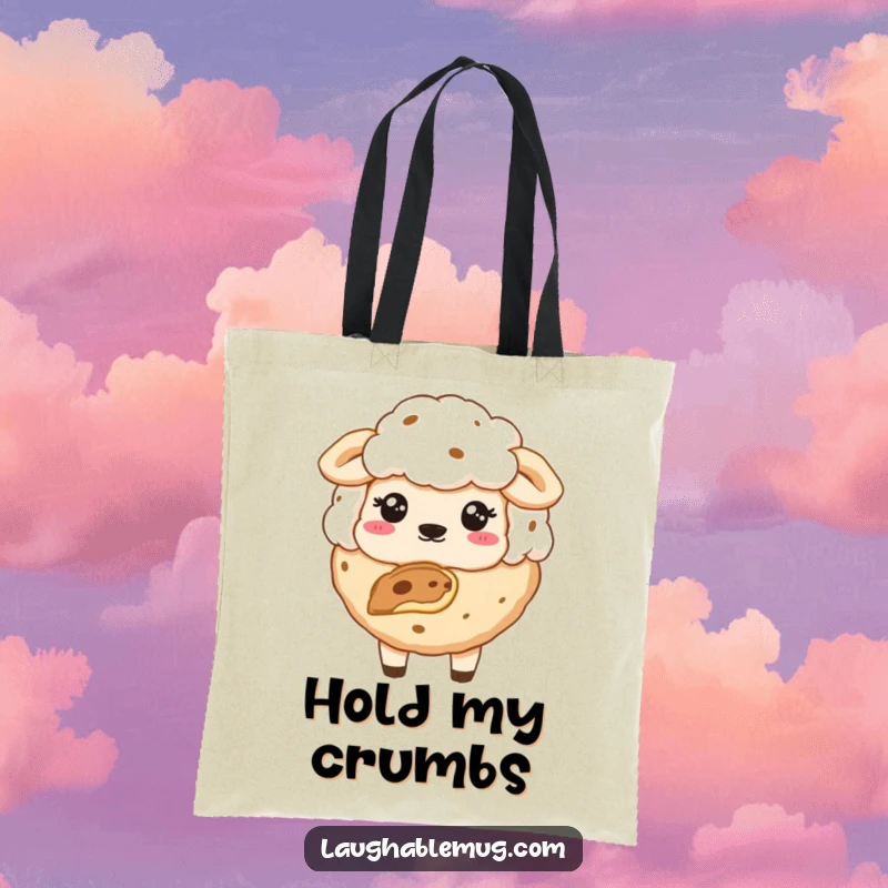 Funny tote bag depicting a sheepish cookie with a bite taken out, a humorous accessory for daily use.