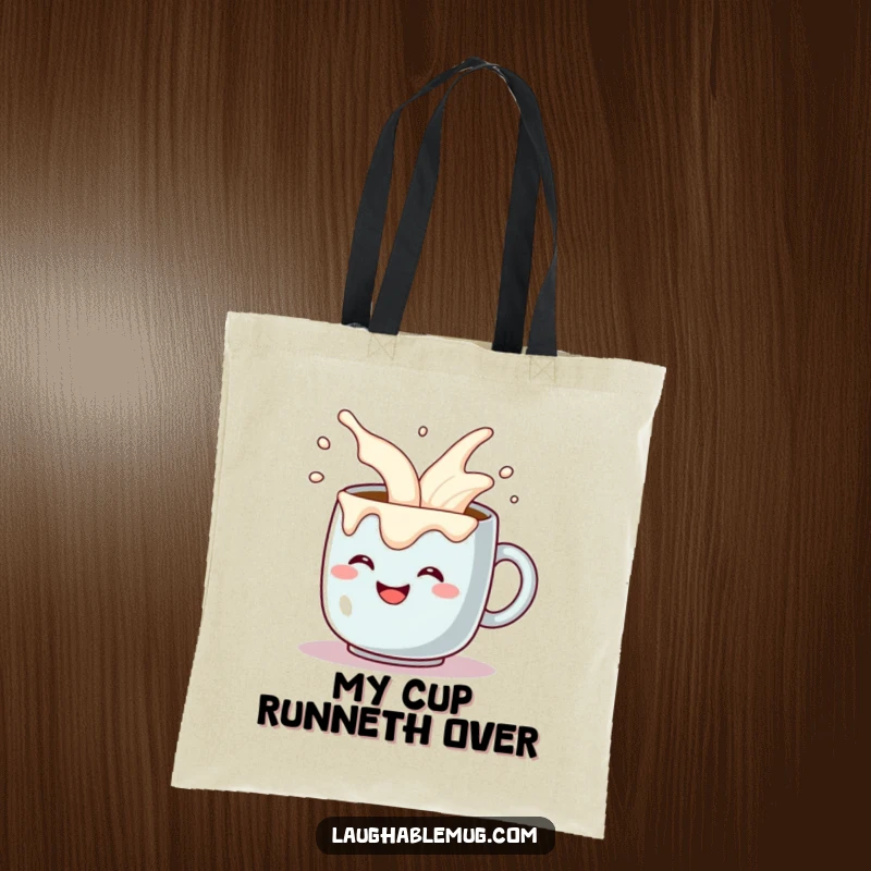 Funny tote bag with a grinning coffee mug comically pouring itself extra cream overflow, a humorous and practical accessory. A great funny gift.