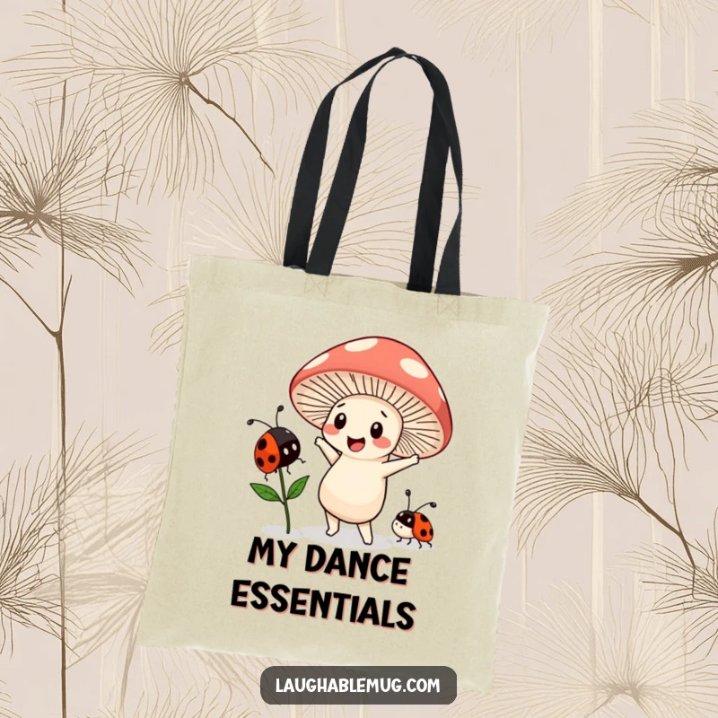 Funny Kawaii tote bag showing a mushroom character doing a goofy dance with a bewildered ladybug, perfect for carrying essentials humorously.