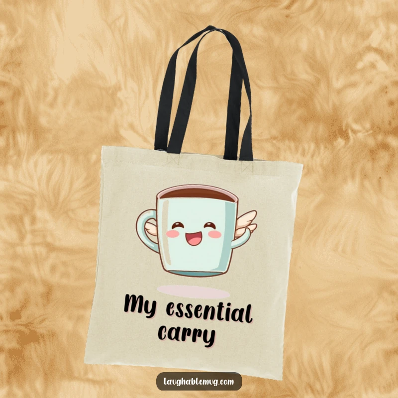 Funny tote bag showcasing a happy coffee mug character with tiny wings, attempting a comical flight, ideal for daily use.