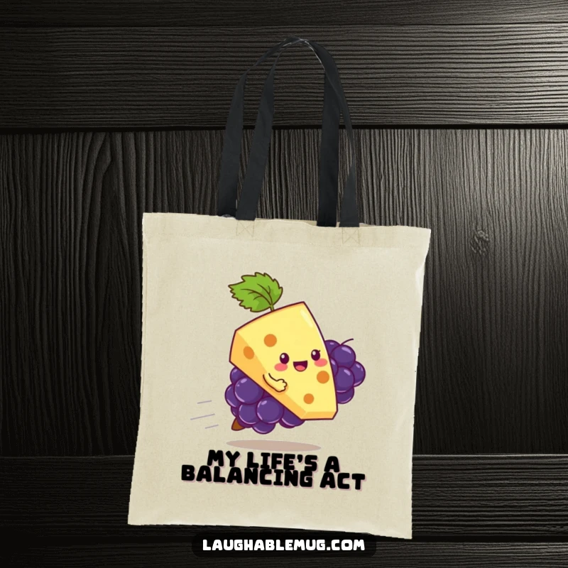 Funny tote bag with a playful slice of cheese attempting to ride a runaway grape, ideal for carrying items with food humor.