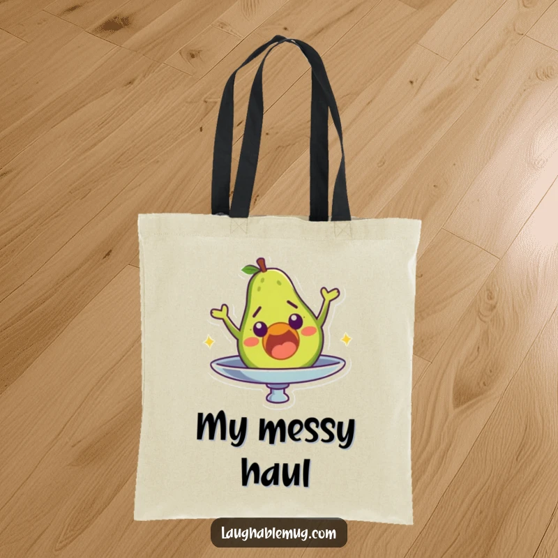 Funny tote bag illustrating a surprised avocado character unexpectedly falling off a spinning plate, perfect for food lovers.