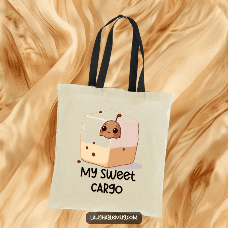 Funny Tote Bag: A coffee bean curiously peeks from a huge sugar cube, making this a humorous and practical bag for sweet lovers.