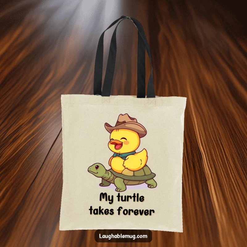 Funny tote bag with a duck cowboy on a turtle, great for carrying items with a humorous western theme.