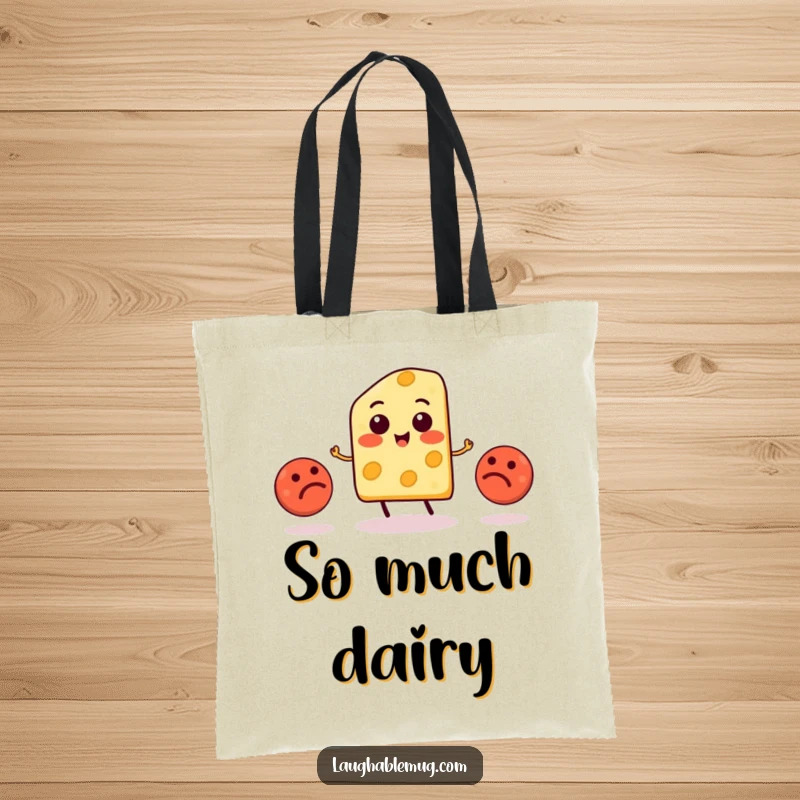 Funny Cheese Juggling Meatball Tote Bag: A cheese slice character humorously juggles three meatballs, ideal for carrying groceries and smiles.